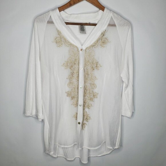 NIC+ZOE Sweaters - Nic + Zoe Womens White Embroidered Lightweight Cardigan Size L 3/4 Sleeve Sheer